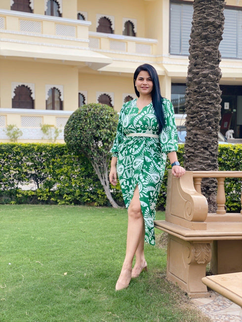 Green White Dress with Belt